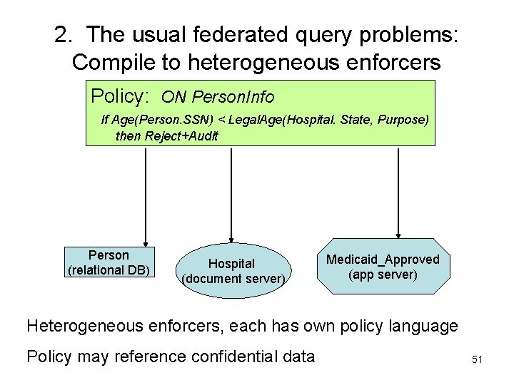 2. The usual federated query problems: Compile to heterogeneous enforcers Policy: ON Person. Info