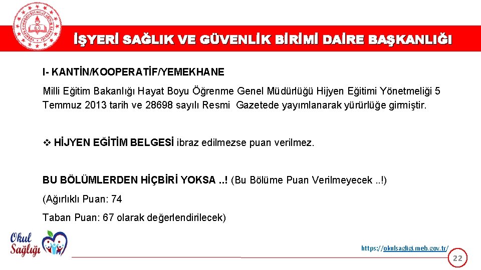 İŞYERİ SAĞLIK VE GÜVENLİK BİRİMİ DAİRE BAŞKANLIĞI I- KANTİN/KOOPERATİF/YEMEKHANE Milli Eğitim Bakanlığı Hayat Boyu