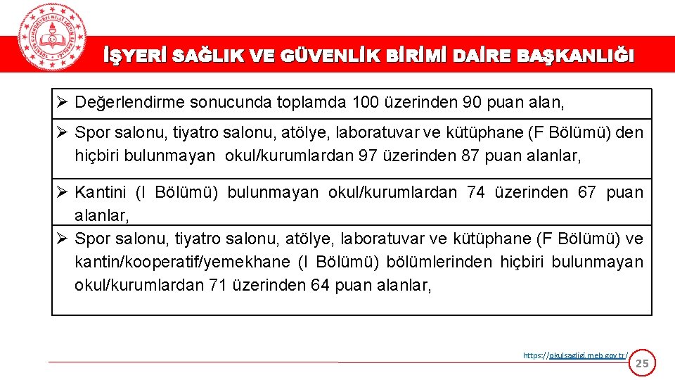 İŞYERİ SAĞLIK VE GÜVENLİK BİRİMİ DAİRE BAŞKANLIĞI Değerlendirme sonucunda toplamda 100 üzerinden 90 puan