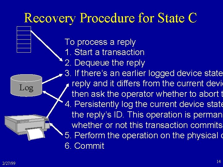 Recovery Procedure for State C Log 2/27/99 To process a reply 1. Start a