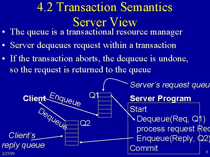 4. 2 Transaction Semantics Server View • The queue is a transactional resource manager
