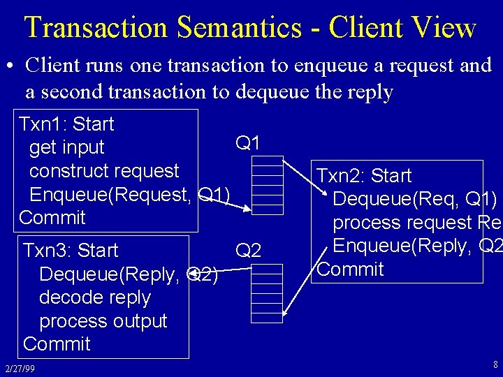 Transaction Semantics - Client View • Client runs one transaction to enqueue a request