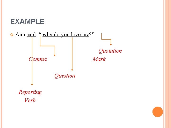 EXAMPLE Ann said, “ why do you love me? ” Quotation Mark Comma Question