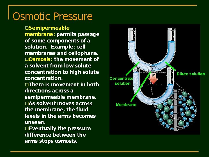 Osmotic Pressure q. Semipermeable membrane: permits passage of some components of a solution. Example: