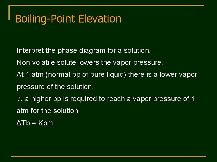 Boiling-Point Elevation Interpret the phase diagram for a solution. Non-volatile solute lowers the vapor