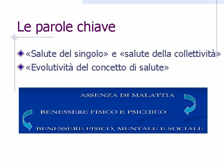 Le parole chiave «Salute del singolo» e «salute della collettività» «Evolutività del concetto di