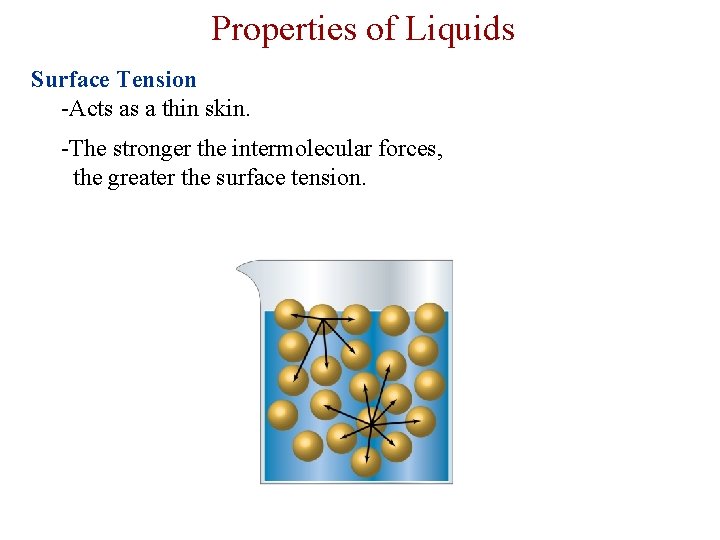 Properties of Liquids Surface Tension -Acts as a thin skin. -The stronger the intermolecular