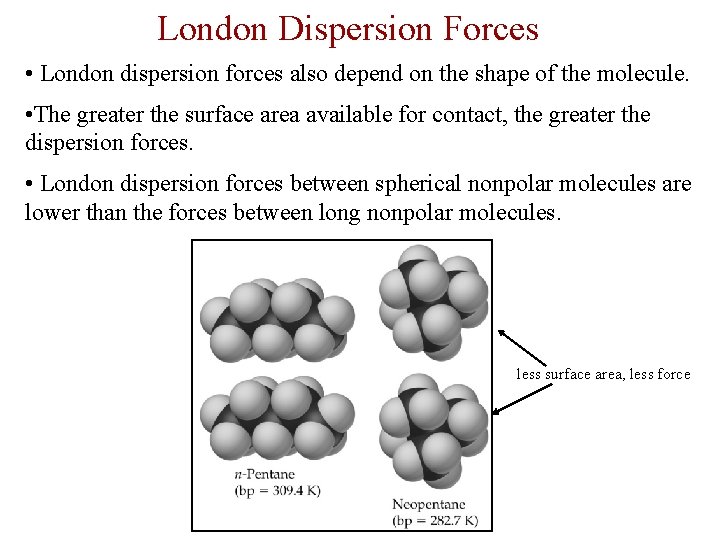 London Dispersion Forces • London dispersion forces also depend on the shape of the