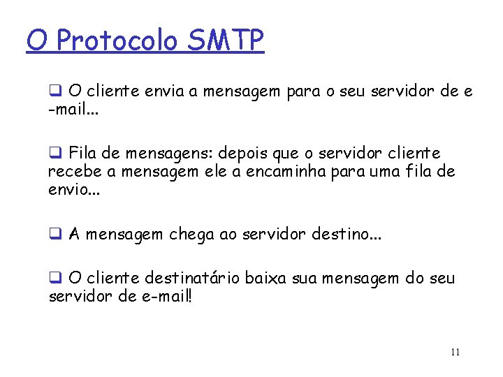 O Protocolo SMTP q O cliente envia a mensagem para o seu servidor de