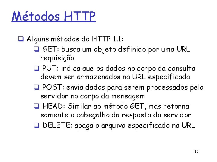 Métodos HTTP q Alguns métodos do HTTP 1. 1: q GET: busca um objeto