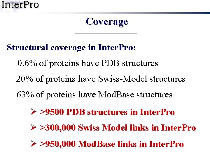 Coverage Structural coverage in Inter. Pro: 0. 6% of proteins have PDB structures 20%