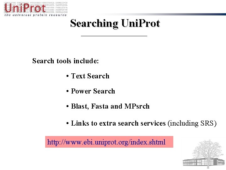 Searching Uni. Prot Search tools include: • Text Search • Power Search • Blast,