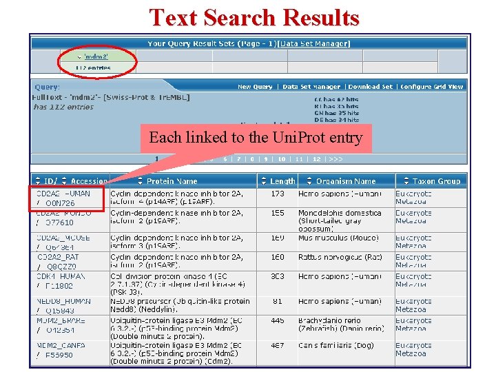 Text Search Results Each linked to the Uni. Prot entry 