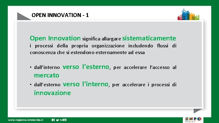 OPEN INNOVATION - 1 Open Innovation significa allargare sistematicamente i processi della propria organizzazione