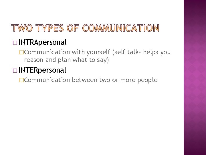 � INTRApersonal �Communication with yourself (self talk- helps you reason and plan what to