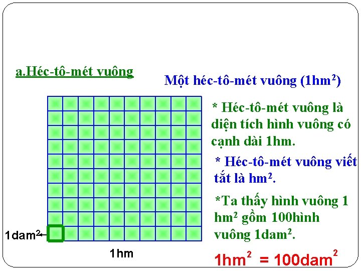 a. Héc-tô-mét vuông Một héc-tô-mét vuông (1 hm 2) * Héc-tô-mét vuông là diện