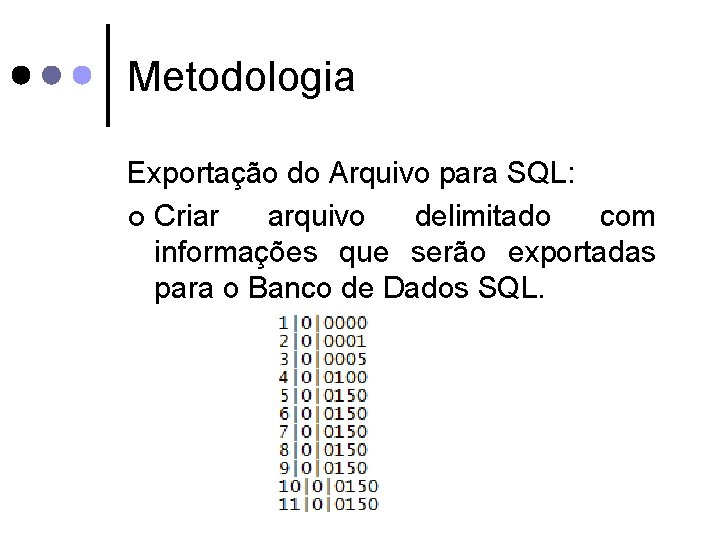 Metodologia Exportação do Arquivo para SQL: ¢ Criar arquivo delimitado com informações que serão