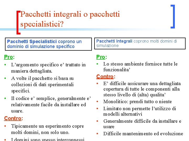 Pacchetti integrali o pacchetti specialistici? Pacchetti Specialistici coprono un dominio di simulazione specifico Pro: