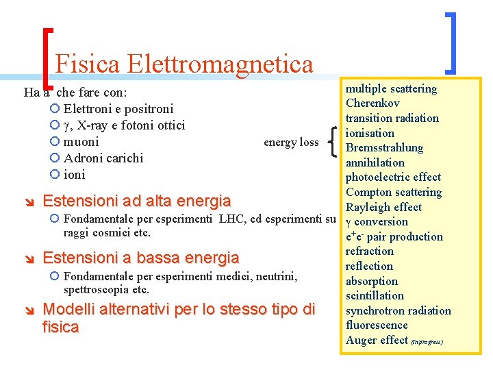 Fisica Elettromagnetica multiple scattering Cherenkov transition radiation ionisation energy loss Bremsstrahlung annihilation photoelectric effect