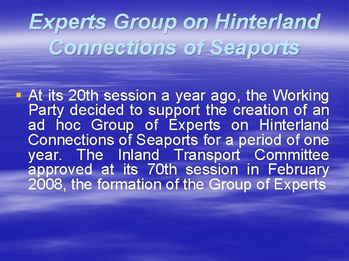 Experts Group on Hinterland Connections of Seaports § At its 20 th session a