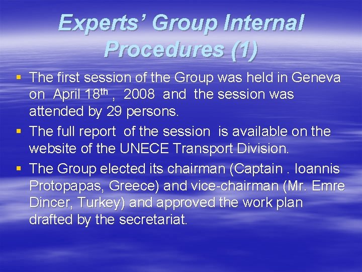 Experts’ Group Internal Procedures (1) § The first session of the Group was held