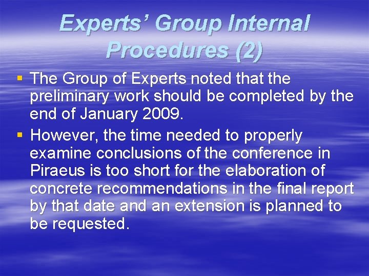 Experts’ Group Internal Procedures (2) § The Group of Experts noted that the preliminary