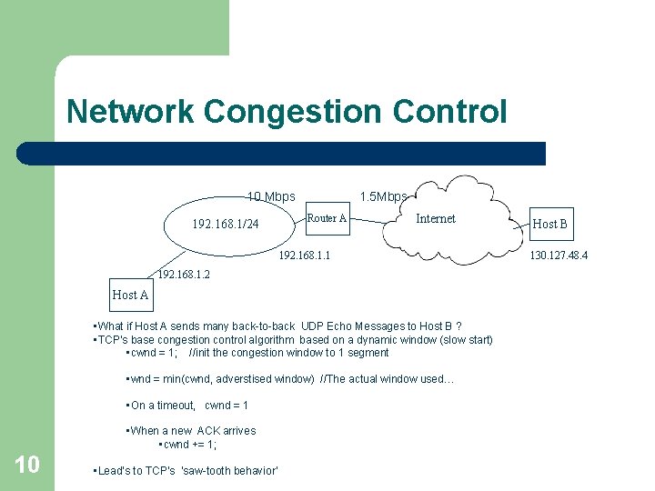 Network Congestion Control 10 Mbps 192. 168. 1/24 1. 5 Mbps Router A Internet