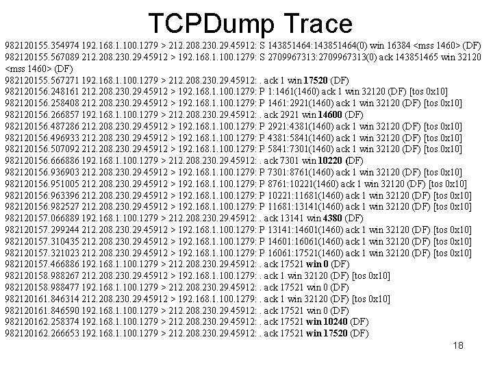 TCPDump Trace 982120155. 354974 192. 168. 1. 100. 1279 > 212. 208. 230. 29.