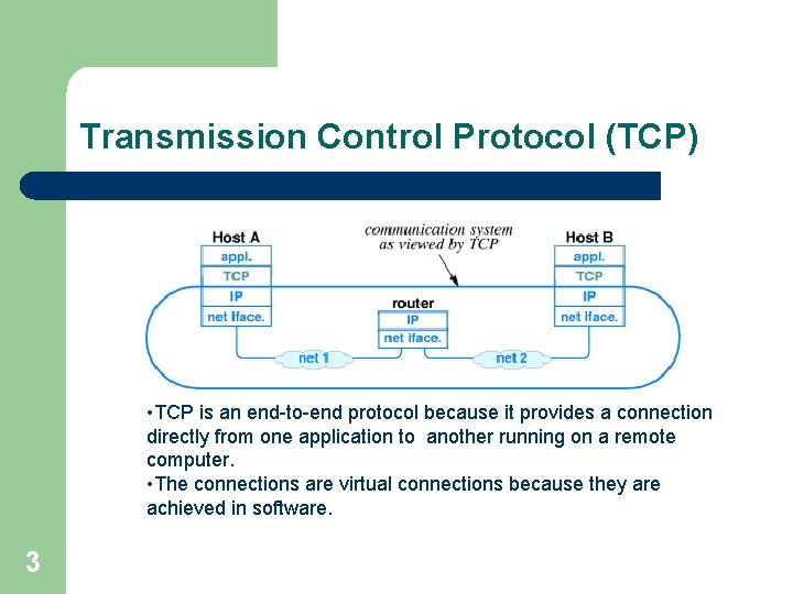 Transmission Control Protocol (TCP) • TCP is an end-to-end protocol because it provides a