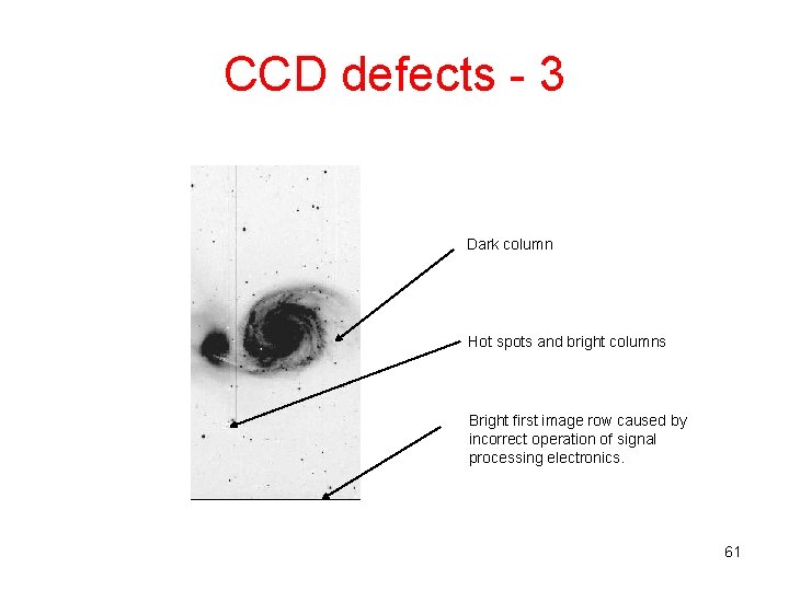 CCD defects - 3 Dark column Hot spots and bright columns Bright first image