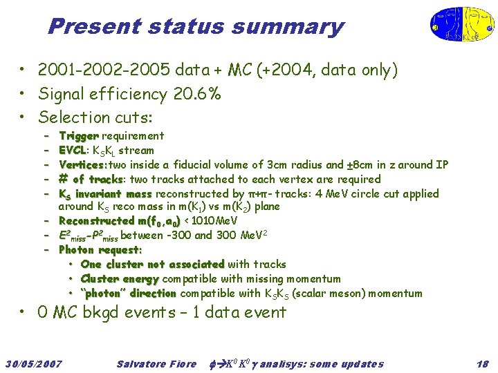 Present status summary • 2001 -2002 -2005 data + MC (+2004, data only) •