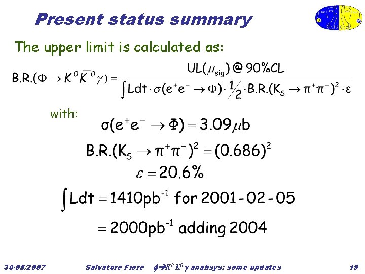 Present status summary The upper limit is calculated as: with: 30/05/2007 Salvatore Fiore K