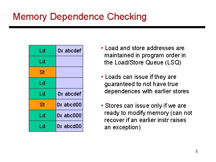 Memory Dependence Checking Ld 0 x abcdef Ld St Ld Ld 0 x abcdef