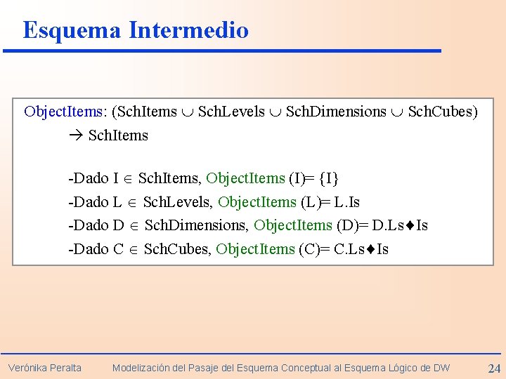 Esquema Intermedio Object. Items: (Sch. Items Sch. Levels Sch. Dimensions Sch. Cubes) Sch. Items