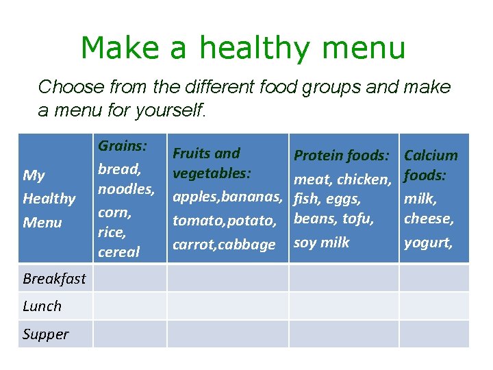 Make a healthy menu Choose from the different food groups and make a menu