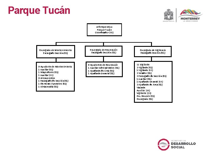 Parque Tucán Jefe Operativo Parque Tucán Coordinador (XX) Encargado de Mantenimiento Encargado Sección (01)