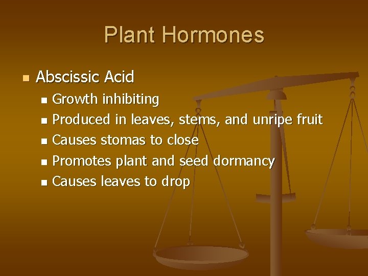 Plant Hormones n Abscissic Acid Growth inhibiting n Produced in leaves, stems, and unripe