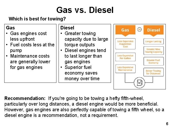 Gas vs. Diesel Which is best for towing? Gas • Gas engines cost less