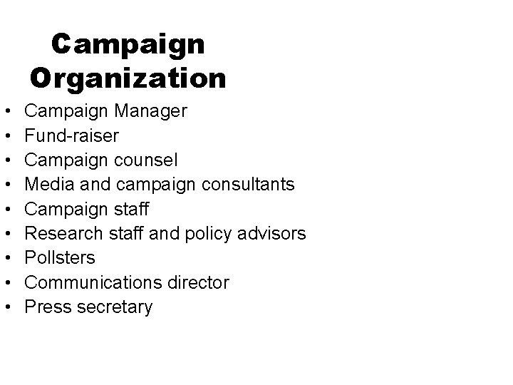 Campaign Organization • • • Campaign Manager Fund-raiser Campaign counsel Media and campaign consultants