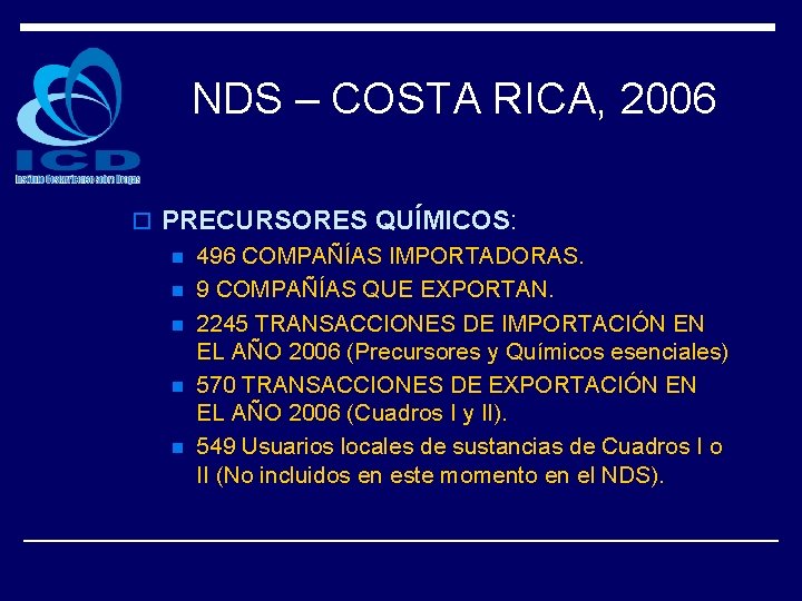 NDS – COSTA RICA, 2006 o PRECURSORES QUÍMICOS: n 496 COMPAÑÍAS IMPORTADORAS. n 9