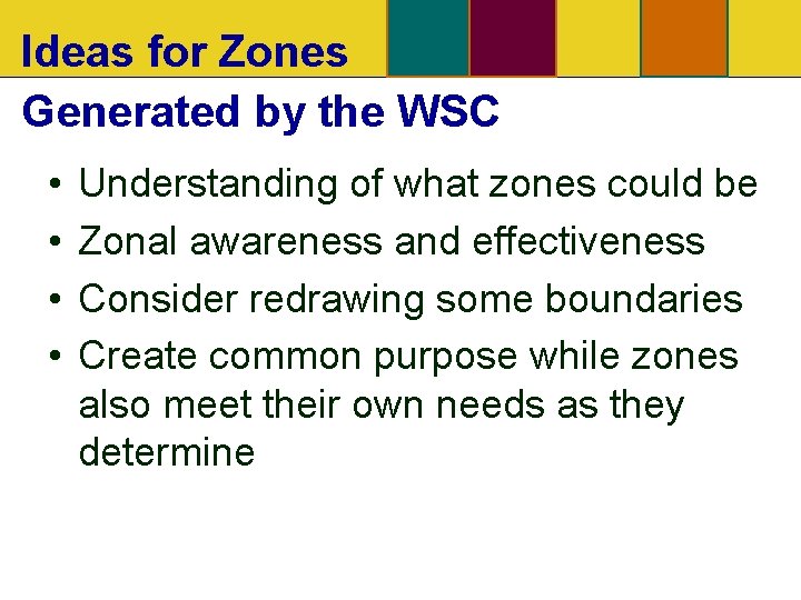 Ideas for Zones Generated by the WSC • • Understanding of what zones could