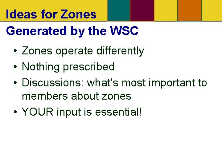 Ideas for Zones Generated by the WSC • Zones operate differently • Nothing prescribed