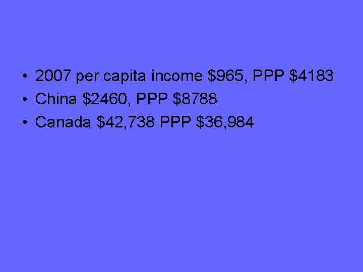  • 2007 per capita income $965, PPP $4183 • China $2460, PPP $8788