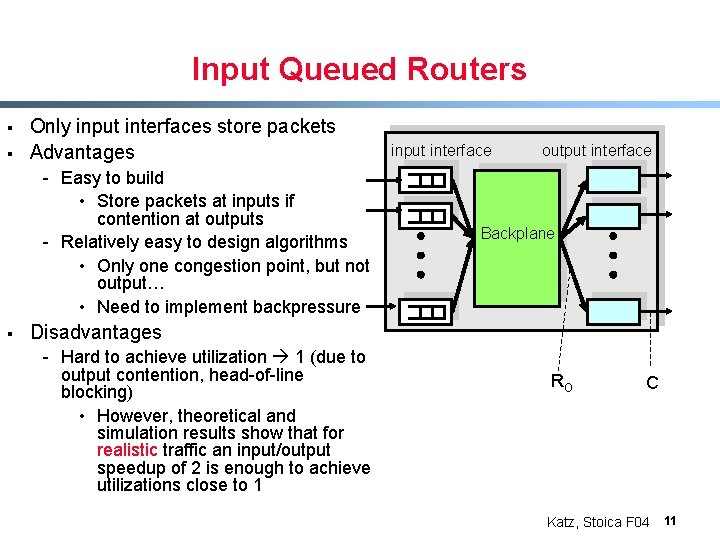 Input Queued Routers § § Only input interfaces store packets Advantages - Easy to