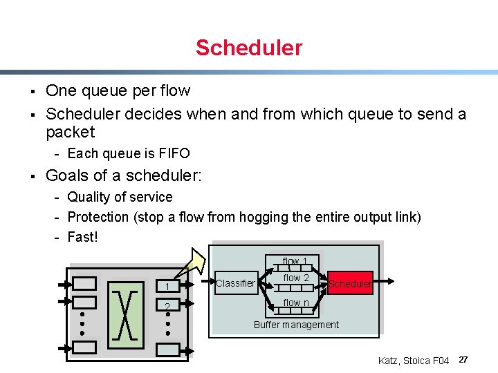 Scheduler § § One queue per flow Scheduler decides when and from which queue