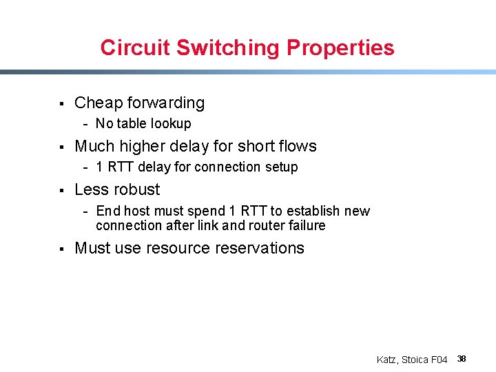 Circuit Switching Properties § Cheap forwarding - No table lookup § Much higher delay