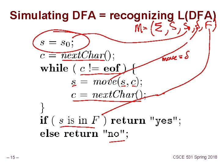 Simulating DFA = recognizing L(DFA) – 15 – CSCE 531 Spring 2018 