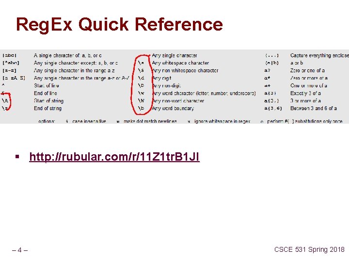 Reg. Ex Quick Reference § http: //rubular. com/r/11 Z 1 tr. B 1 JI