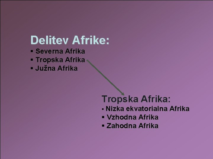 Delitev Afrike: § Severna Afrika § Tropska Afrika § Južna Afrika Tropska Afrika: §