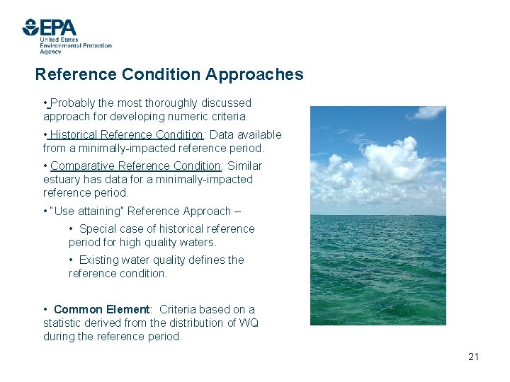 Reference Condition Approaches • Probably the most thoroughly discussed approach for developing numeric criteria.